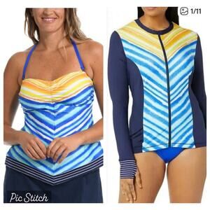 24th & Ocean Retro UPF 50% Bandeaukini and Rashguard Set Blue Women's Size M NWT